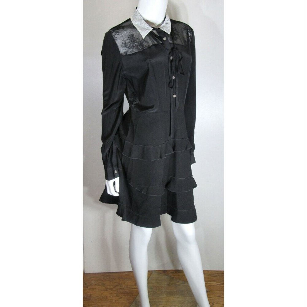 Kooples White Lace Collar Button Fron A-Line Ruffle Silk Black Dress Women's L - Picture 3 of 8
